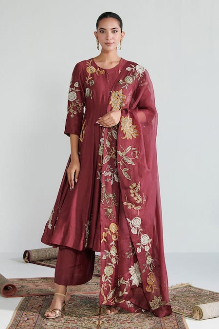 Neelu Sethi Wine Hand Embroidered Resham Round Neck Handloom Chanderi Anarkali Set 