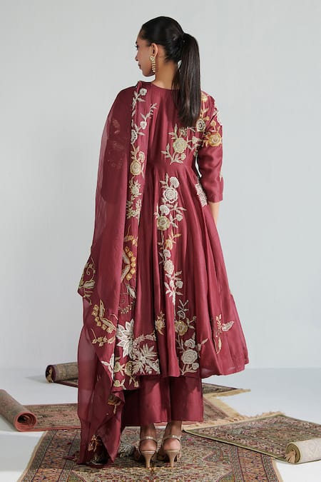 Shop Neelu Sethi Wine Handloom Cotton, Organza, Chanderi Pearls, Sequins, Zari, Anarkali Set at Aza Fashions Shop_Neelu Sethi_Wine Handloom Cotton, Organza, Chanderi Pearls, Sequins, Zari, Anarkali Set_at_Aza_Fashions