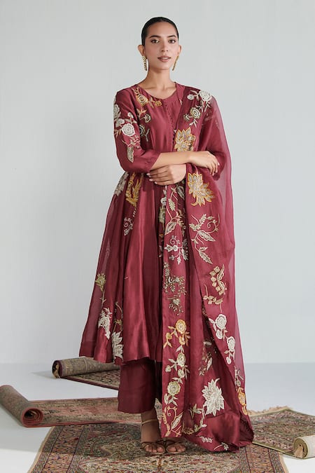 Neelu Sethi Wine Handloom Cotton, Organza, Chanderi Pearls, Sequins, Zari, Anarkali Set Online at Aza Fashions Neelu Sethi_Wine Handloom Cotton, Organza, Chanderi Pearls, Sequins, Zari, Anarkali Set_Online_at_Aza_Fashions