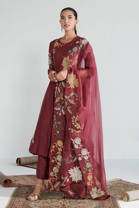 Buy Neelu Sethi Wine Handloom Cotton, Organza, Chanderi Pearls, Sequins, Zari, Anarkali Set Online at Aza Fashions Buy_Neelu Sethi_Wine Handloom Cotton, Organza, Chanderi Pearls, Sequins, Zari, Anarkali Set_Online_at_Aza_Fashions