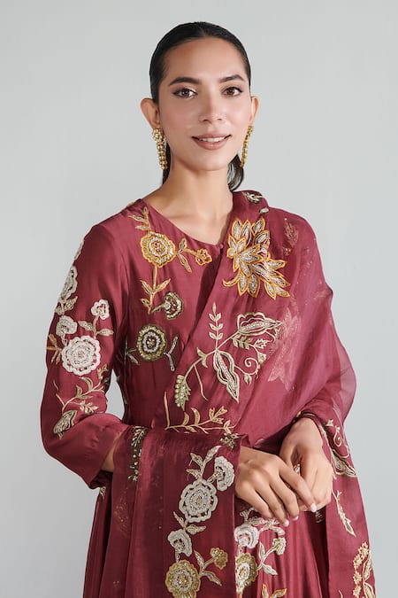 Shop Neelu Sethi Wine Handloom Cotton, Organza, Chanderi Pearls, Sequins, Zari, Anarkali Set Online at Aza Fashions Shop_Neelu Sethi_Wine Handloom Cotton, Organza, Chanderi Pearls, Sequins, Zari, Anarkali Set_Online_at_Aza_Fashions