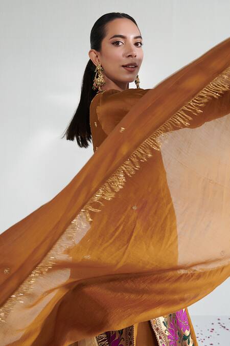 Shop_Neelu Sethi_Yellow Handloom Cotton, Tissue, Silk Sequins, Zari, Chanderi Panelled Kurta Set_Online_at_Aza_Fashions