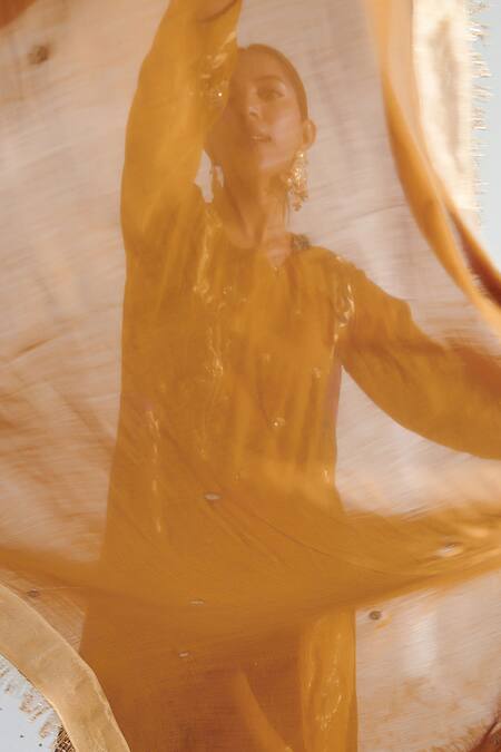 Neelu Sethi_Yellow Handloom Cotton, Tissue, Silk Sequins, Zari, Chanderi Panelled Kurta Set_at_Aza_Fashions