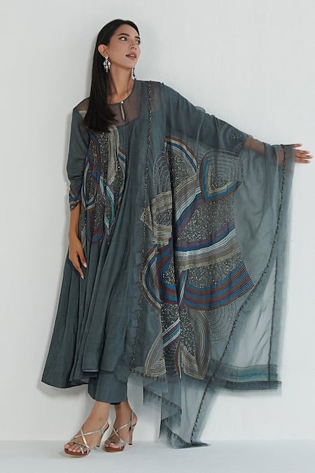 Buy_Neelu Sethi_Blue Cotton, Silk, Organza Sequins, Embroidery Round Kanni Pleated Anarkali Set_Online_at_Aza_Fashions