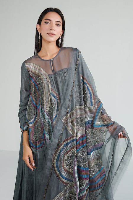 Shop_Neelu Sethi_Blue Cotton, Silk, Organza Sequins, Embroidery Round Kanni Pleated Anarkali Set_Online_at_Aza_Fashions