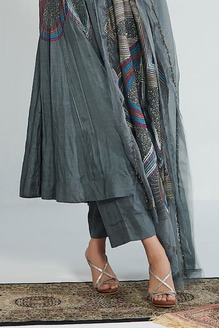 Neelu Sethi_Blue Cotton, Silk, Organza Sequins, Embroidery Round Kanni Pleated Anarkali Set_at_Aza_Fashions