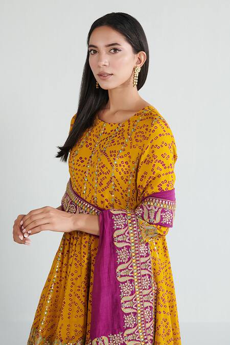 Shop_Neelu Sethi_Yellow Chanderi, Chiffon Mirrors, Bandhani Pattern Anarkali Salwar Set_Online_at_Aza_Fashions