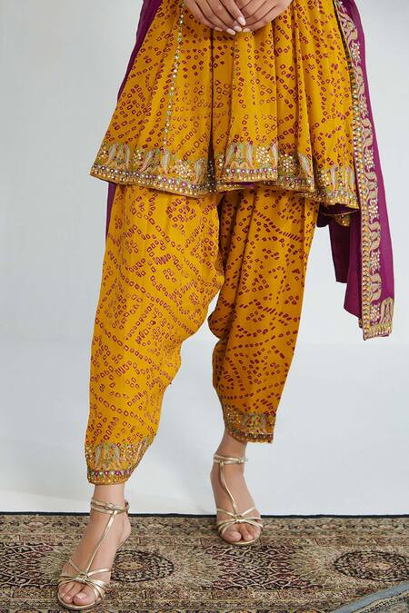 Neelu Sethi_Yellow Chanderi, Chiffon Mirrors, Bandhani Pattern Anarkali Salwar Set_at_Aza_Fashions
