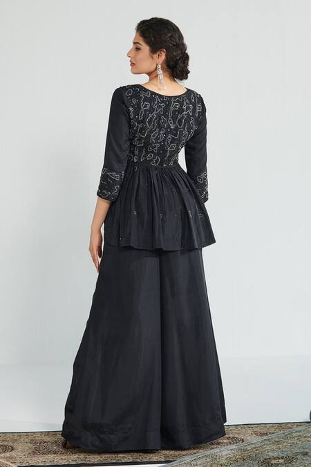 Shop Neelu Sethi Black Silk, Hemp Cut Work, Sequins Hand Embroidered Peplum Kurta And Sharara Set at Aza Fashions Shop_Neelu Sethi_Black Silk, Hemp Cut Work, Sequins Hand Embroidered Peplum Kurta And Sharara Set_at_Aza_Fashions
