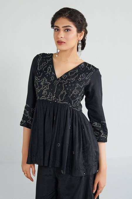 Neelu Sethi Black Silk, Hemp Cut Work, Sequins Hand Embroidered Peplum Kurta And Sharara Set Online at Aza Fashions Neelu Sethi_Black Silk, Hemp Cut Work, Sequins Hand Embroidered Peplum Kurta And Sharara Set_Online_at_Aza_Fashions