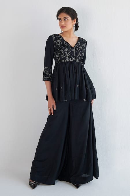 Shop Neelu Sethi Black Silk, Hemp Cut Work, Sequins Hand Embroidered Peplum Kurta And Sharara Set Online at Aza Fashions Shop_Neelu Sethi_Black Silk, Hemp Cut Work, Sequins Hand Embroidered Peplum Kurta And Sharara Set_Online_at_Aza_Fashions