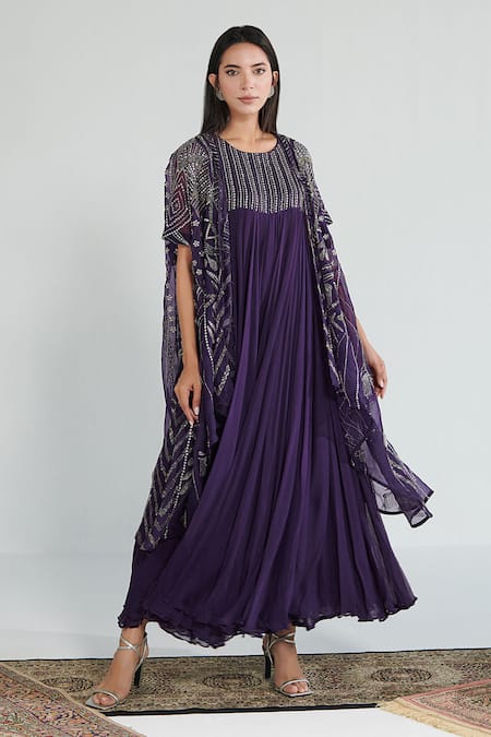 Neelu Sethi Purple Chiffon Hand Embroidered Sequin Cape Open And Dress Set 