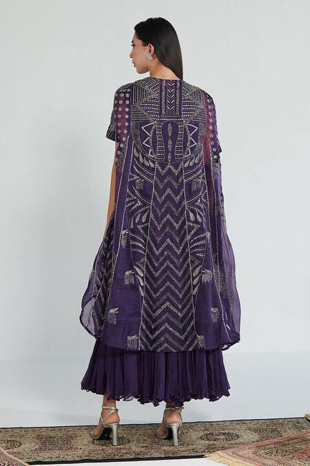 Shop Neelu Sethi Purple Chiffon Hand Embroidered Sequin Cape Open And Dress Set at Aza Fashions Shop_Neelu Sethi_Purple Chiffon Hand Embroidered Sequin Cape Open And Dress Set_at_Aza_Fashions