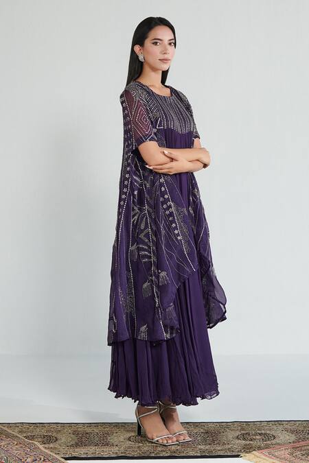 Neelu Sethi Purple Chiffon Hand Embroidered Sequin Cape Open And Dress Set Online at Aza Fashions Neelu Sethi_Purple Chiffon Hand Embroidered Sequin Cape Open And Dress Set_Online_at_Aza_Fashions