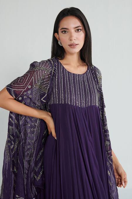 Buy Neelu Sethi Purple Chiffon Hand Embroidered Sequin Cape Open And Dress Set Online at Aza Fashions Buy_Neelu Sethi_Purple Chiffon Hand Embroidered Sequin Cape Open And Dress Set_Online_at_Aza_Fashions