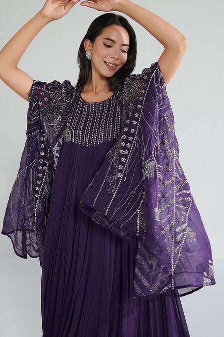 Shop Neelu Sethi Purple Chiffon Hand Embroidered Sequin Cape Open And Dress Set Online at Aza Fashions Shop_Neelu Sethi_Purple Chiffon Hand Embroidered Sequin Cape Open And Dress Set_Online_at_Aza_Fashions