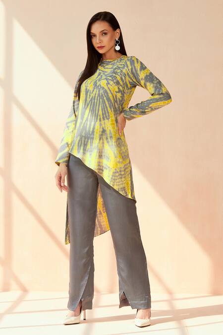 Seven_Yellow Modal, Satin Round Neck Tie-dye Pattern Asymmetric And Palazzo Set_Online_at_Aza_Fashions