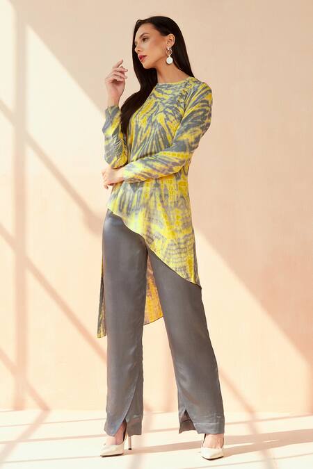 Buy_Seven_Yellow Modal, Satin Round Neck Tie-dye Pattern Asymmetric And Palazzo Set_Online_at_Aza_Fashions