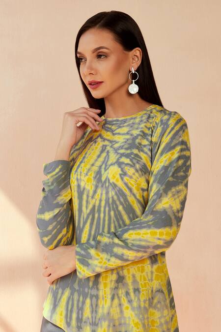 Seven_Yellow Modal, Satin Round Neck Tie-dye Pattern Asymmetric And Palazzo Set_at_Aza_Fashions
