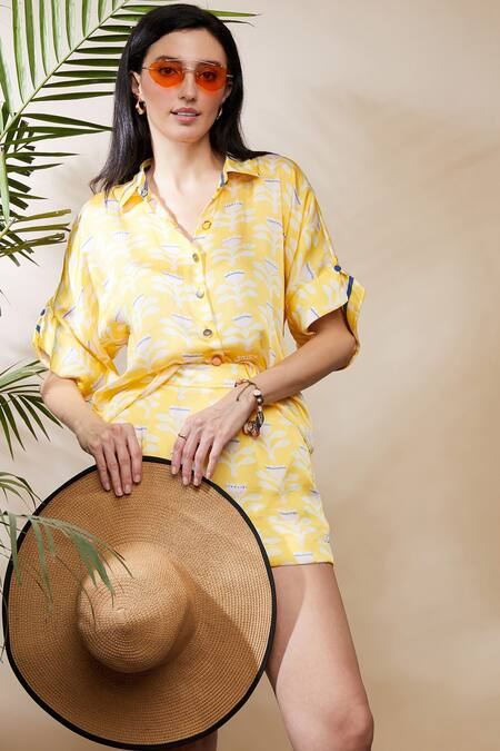 Buy Seven Yellow Bamboo Shawl Neck Floral Print Shirt And Short Set Online at Aza Fashions Buy_Seven_Yellow Bamboo Shawl Neck Floral Print Shirt And Short Set_Online_at_Aza_Fashions