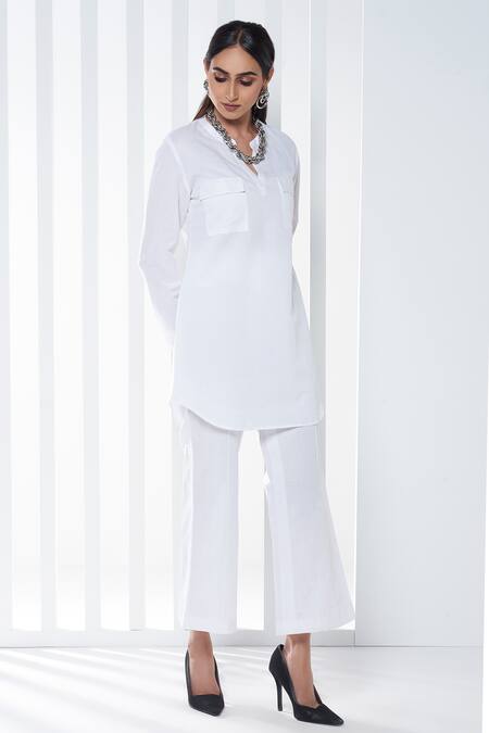 Seven_White Cotton, Linen Collared Solid Top And Pant Set_Online_at_Aza_Fashions