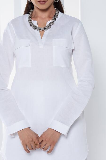 Buy_Seven_White Cotton, Linen Collared Solid Top And Pant Set_Online_at_Aza_Fashions