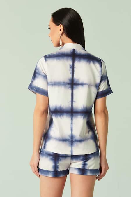 Shop Seven White Cotton Collared Tie-dye Pattern Shirt Shorts Set at Aza Fashions Shop_Seven_White Cotton Collared Tie-dye Pattern Shirt Shorts Set_at_Aza_Fashions