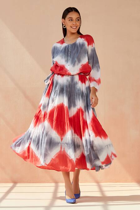 Seven_Grey Cotton Round Neck Bohemail Tie-dye Pattern Dress_Online_at_Aza_Fashions