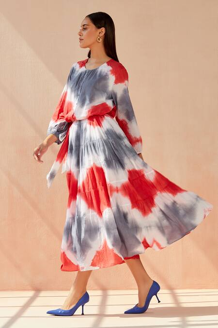 Shop_Seven_Grey Cotton Round Neck Bohemail Tie-dye Pattern Dress_Online_at_Aza_Fashions