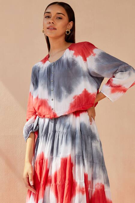 Seven_Grey Cotton Round Neck Bohemail Tie-dye Pattern Dress_at_Aza_Fashions