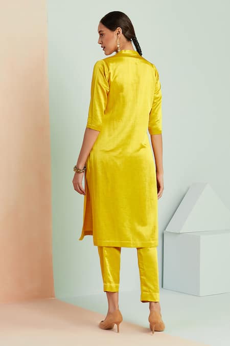 Shop_Seven_Yellow Linen Silk Viscose Notched Canary Kurta And Pant Set _at_Aza_Fashions
