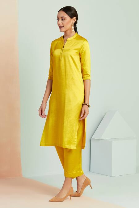 Shop_Seven_Yellow Linen Silk Viscose Notched Canary Kurta And Pant Set _Online_at_Aza_Fashions