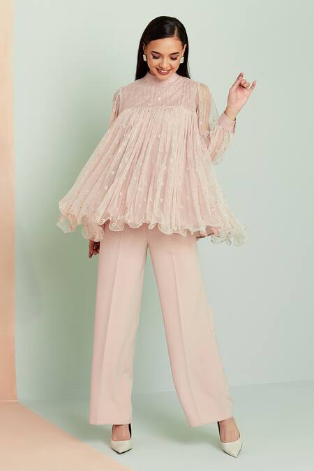 Buy Seven Pink Viscose, Net Turtle Neck Pleated Flared Top at Aza Fashions Buy_Seven_Pink Viscose, Net Turtle Neck Pleated Flared Top_at_Aza_Fashions