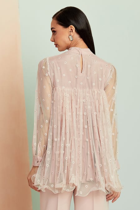 Shop Seven Pink Viscose, Net Turtle Neck Pleated Flared Top at Aza Fashions Shop_Seven_Pink Viscose, Net Turtle Neck Pleated Flared Top_at_Aza_Fashions