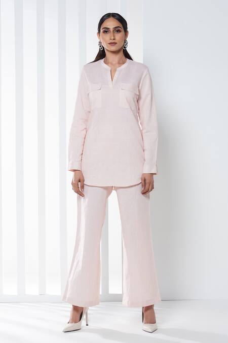 Seven_Pink Cotton, Linen Split V-neck Top And Pant Set_Online_at_Aza_Fashions