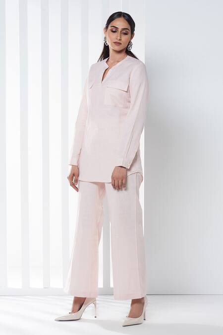 Buy_Seven_Pink Cotton, Linen Split V-neck Top And Pant Set_Online_at_Aza_Fashions