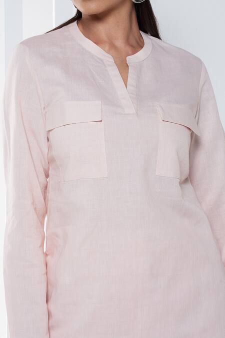 Shop_Seven_Pink Cotton, Linen Split V-neck Top And Pant Set_Online_at_Aza_Fashions