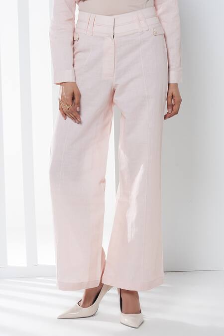 Seven_Pink Cotton, Linen Split V-neck Top And Pant Set_at_Aza_Fashions