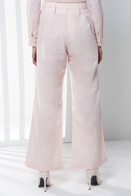 Shop_Seven_Pink Cotton, Linen Split V-neck Top And Pant Set