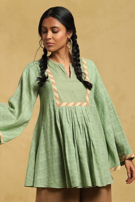 Ritu Kumar_Green Cotton Beads Split V-neck Checkered A-line Kurta With Bell Sleeves_Online_at_Aza_Fashions