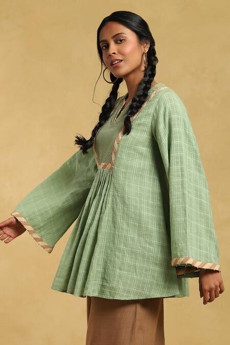 Buy_Ritu Kumar_Green Cotton Beads Split V-neck Checkered A-line Kurta With Bell Sleeves_Online_at_Aza_Fashions