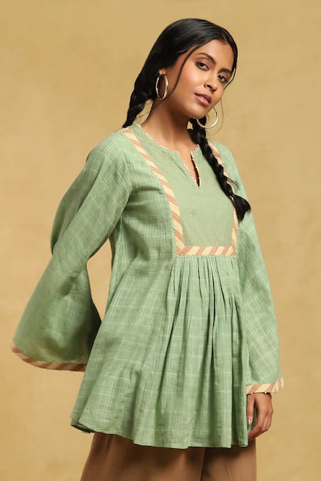 Shop_Ritu Kumar_Green Cotton Beads Split V-neck Checkered A-line Kurta With Bell Sleeves_Online_at_Aza_Fashions