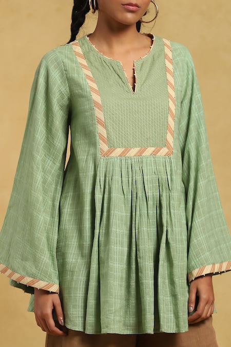 Ritu Kumar_Green Cotton Beads Split V-neck Checkered A-line Kurta With Bell Sleeves_at_Aza_Fashions