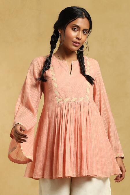 Ritu Kumar Pink Cotton Beads, Embroidery Split V-neck Checkered Bell Sleeve Short Kurta Online at Aza Fashions Ritu Kumar_Pink Cotton Beads, Embroidery Split V-neck Checkered Bell Sleeve Short Kurta_Online_at_Aza_Fashions