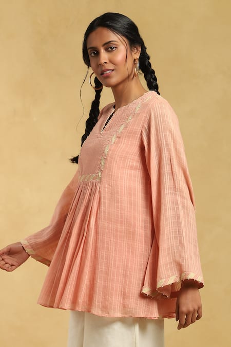 Buy Ritu Kumar Pink Cotton Beads, Embroidery Split V-neck Checkered Bell Sleeve Short Kurta Online at Aza Fashions Buy_Ritu Kumar_Pink Cotton Beads, Embroidery Split V-neck Checkered Bell Sleeve Short Kurta_Online_at_Aza_Fashions