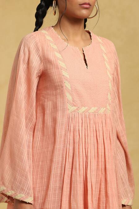 Ritu Kumar Pink Cotton Beads, Embroidery Split V-neck Checkered Bell Sleeve Short Kurta at Aza Fashions Ritu Kumar_Pink Cotton Beads, Embroidery Split V-neck Checkered Bell Sleeve Short Kurta_at_Aza_Fashions