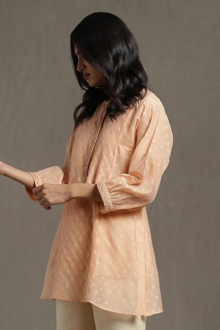 Buy_Ritu Kumar_Peach Cotton, Silk Embroidery Round Neck Geometric Pattern Short Kurta_Online_at_Aza_Fashions