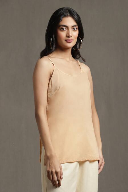 Ritu Kumar_Peach Cotton, Silk Embroidery Round Neck Geometric Pattern Short Kurta_at_Aza_Fashions