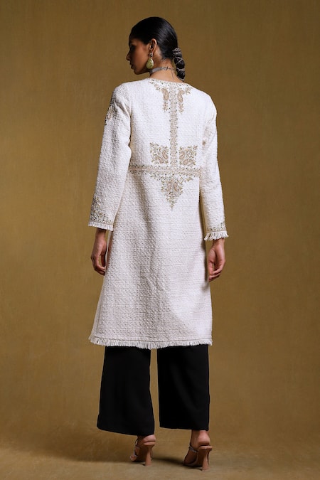 Shop Ritu Kumar Off White Cotton Embroidery Round Neck Floral And Paisley Long Jacket at Aza Fashions Shop_Ritu Kumar_Off White Cotton Embroidery Round Neck Floral And Paisley Long Jacket_at_Aza_Fashions