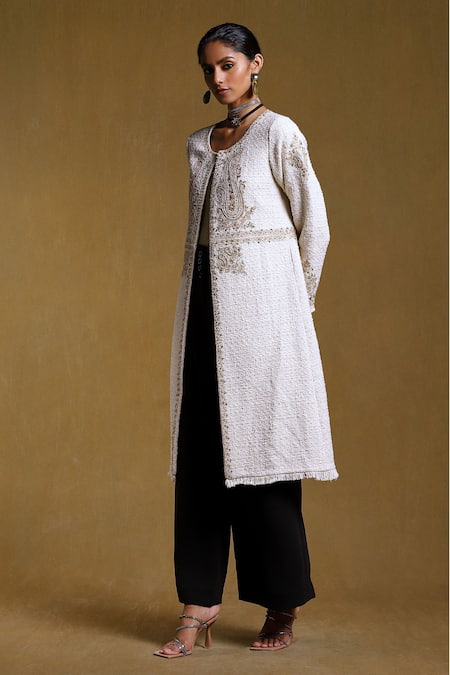 Ritu Kumar Off White Cotton Embroidery Round Neck Floral And Paisley Long Jacket Online at Aza Fashions Ritu Kumar_Off White Cotton Embroidery Round Neck Floral And Paisley Long Jacket_Online_at_Aza_Fashions